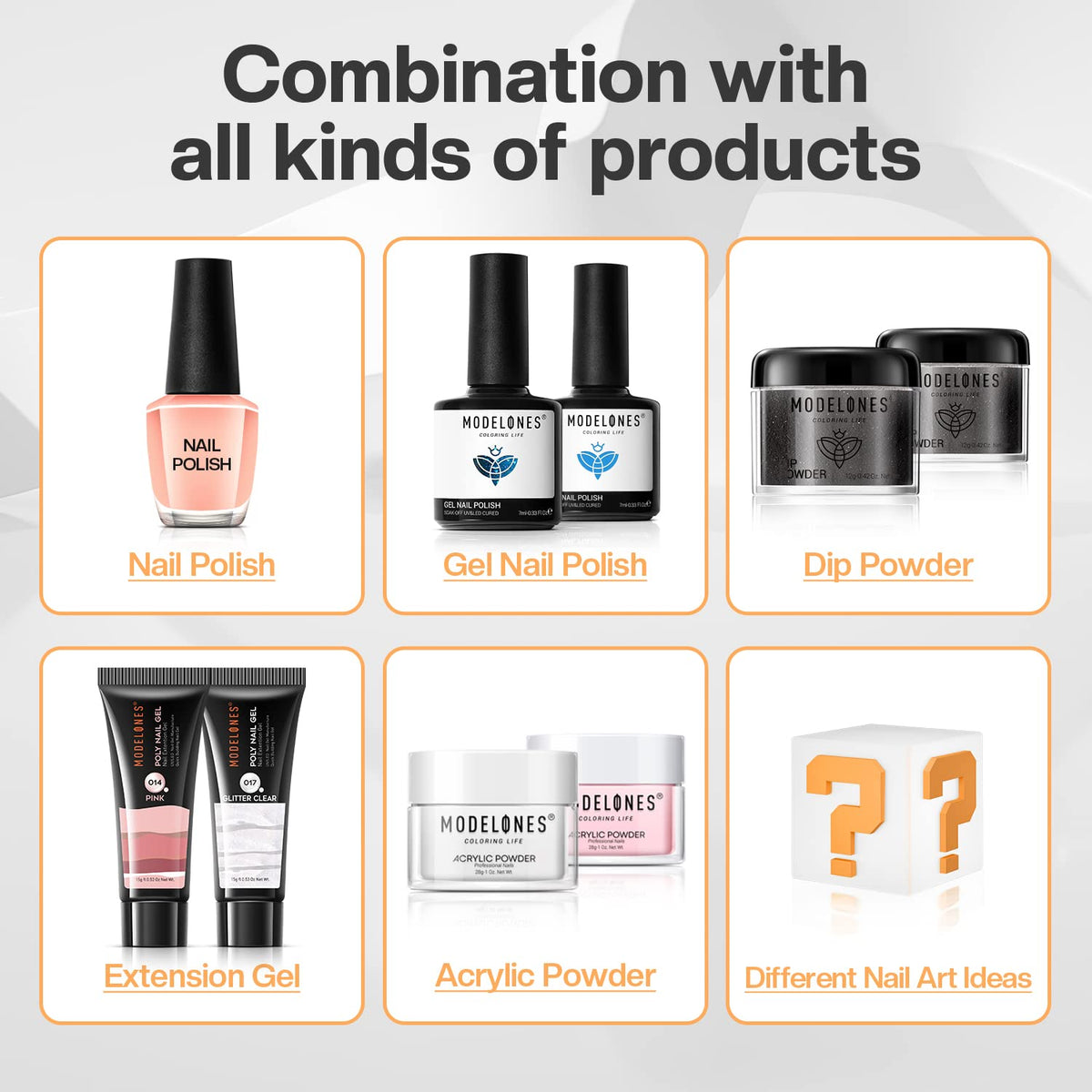 modelones compatibility with gel polish showing multiple color bottles for versatile use