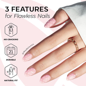modelones flat lay of all 32 nails plus tools for complete at-home manicure