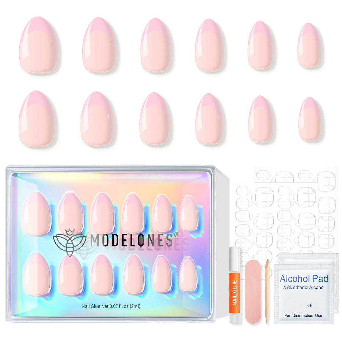 Modelones kit flatlay with glue, file, cuticle stick, and nails organized