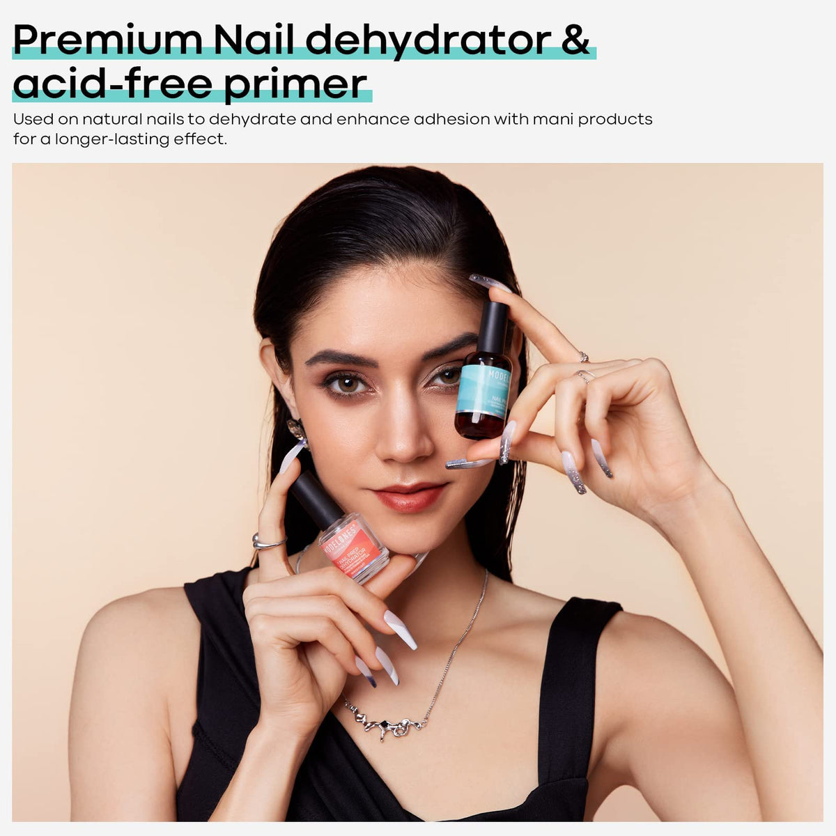 modelones dropper applying dehydrator to nail showing a single-drop delivery benefit: minimal waste