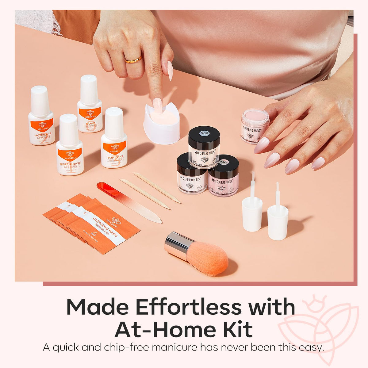 modelones finished nails lifestyle shot showing glossy neutral manicure result