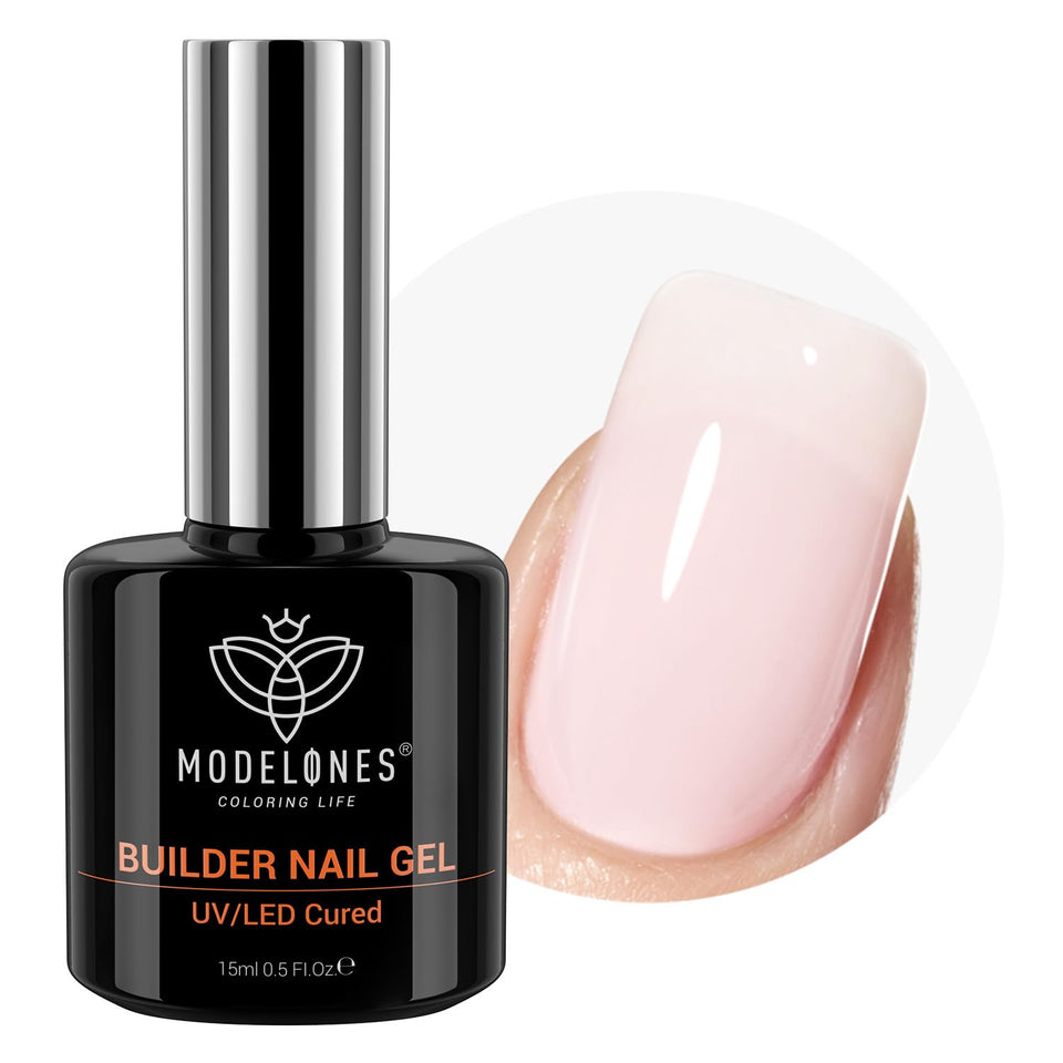 modelones front bottle showing barely pink builder gel and clear label benefits