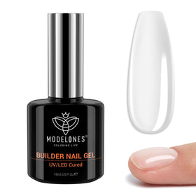 modelones clear builder gel bottle front view showing label and use benefits