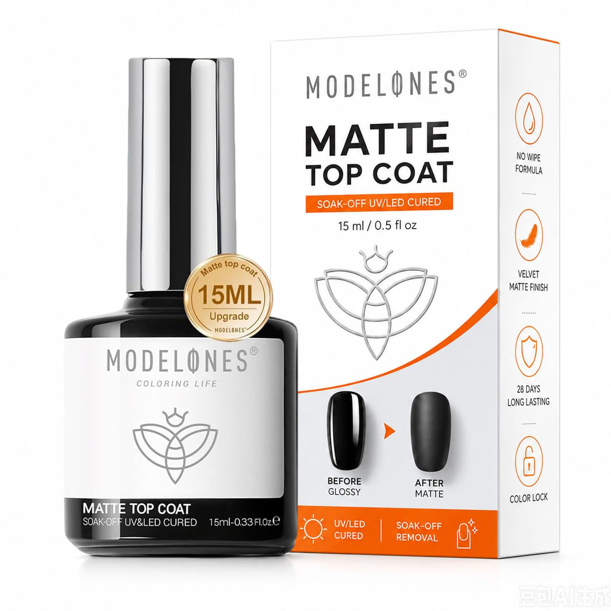 modelones bottle front view showing matte top coat and long-lasting benefit