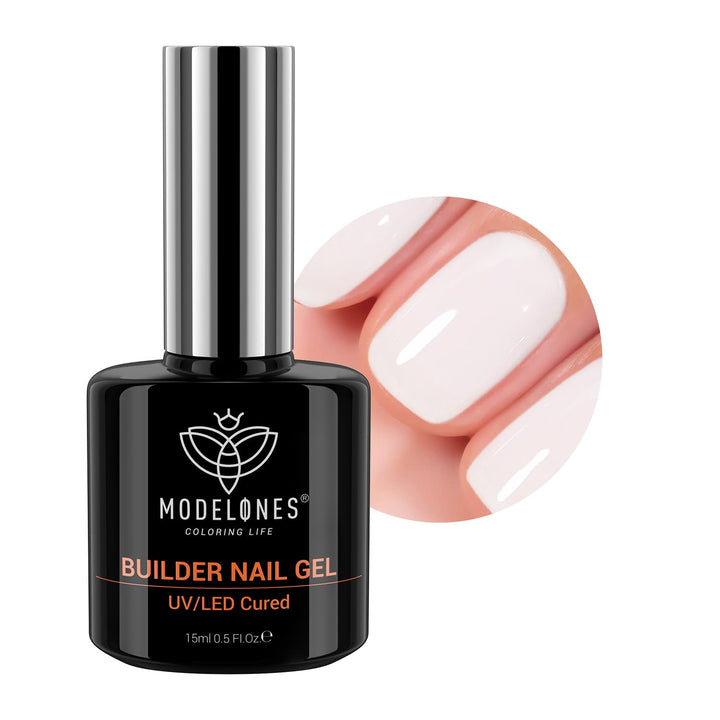 modelones bottle front view showing milky white gel and professional finish