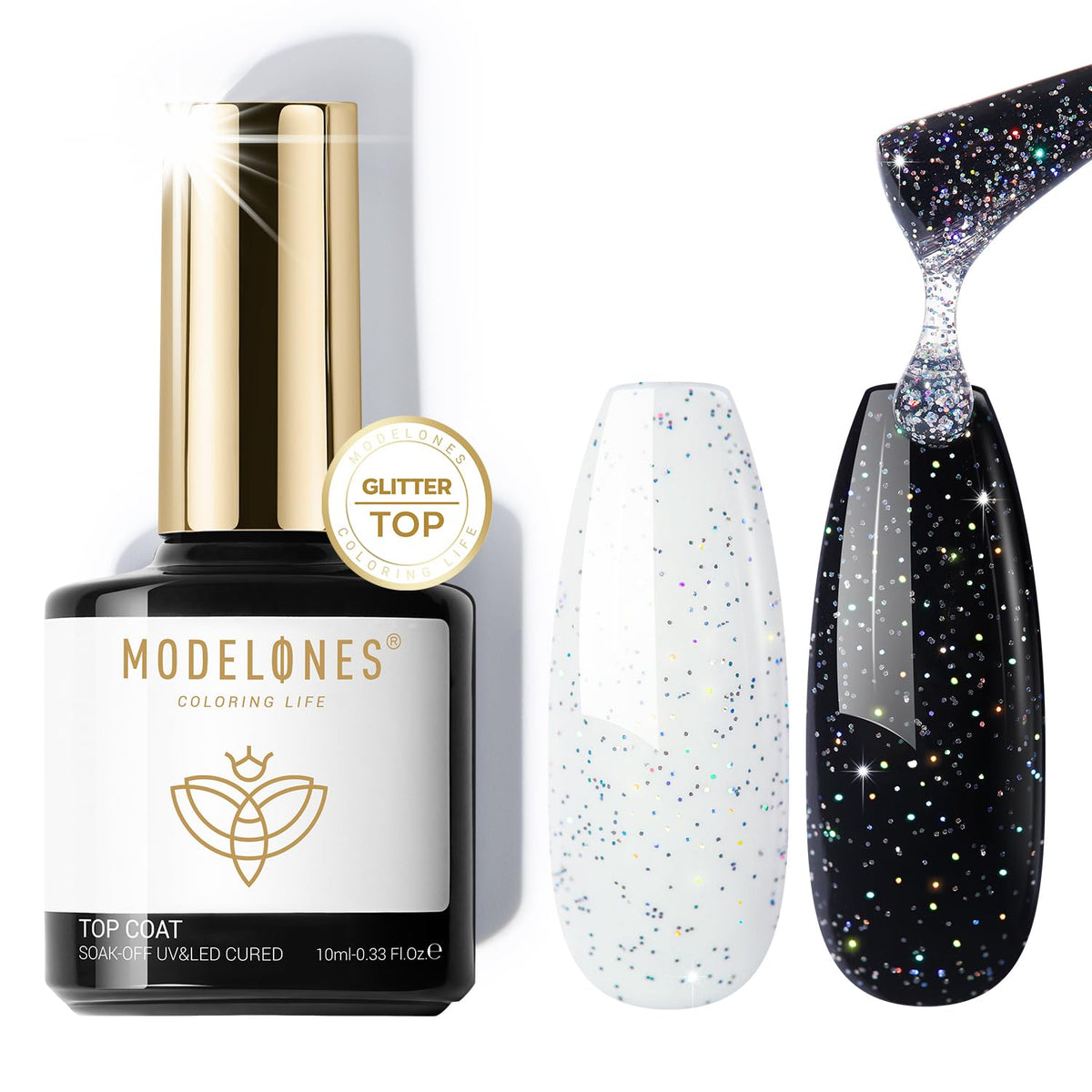 modelones front bottle showing iridescent silver glitter and glossy finish