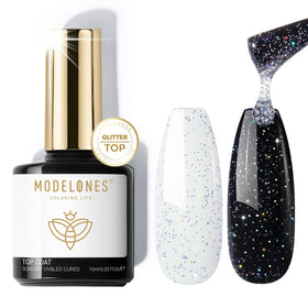modelones front bottle showing iridescent silver glitter and glossy finish