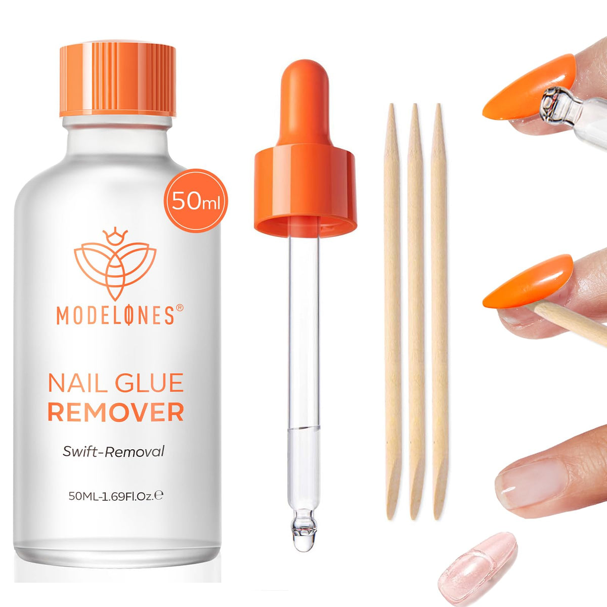 Modelones front bottle showing 50 ml remover for quick adhesive softening