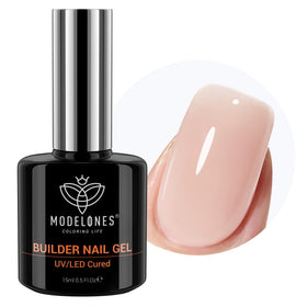 modelones front bottle showing neutral nude builder gel and label, clear presentation