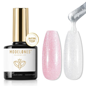 modelones front bottle showing clear aurora glitter and glossy shine