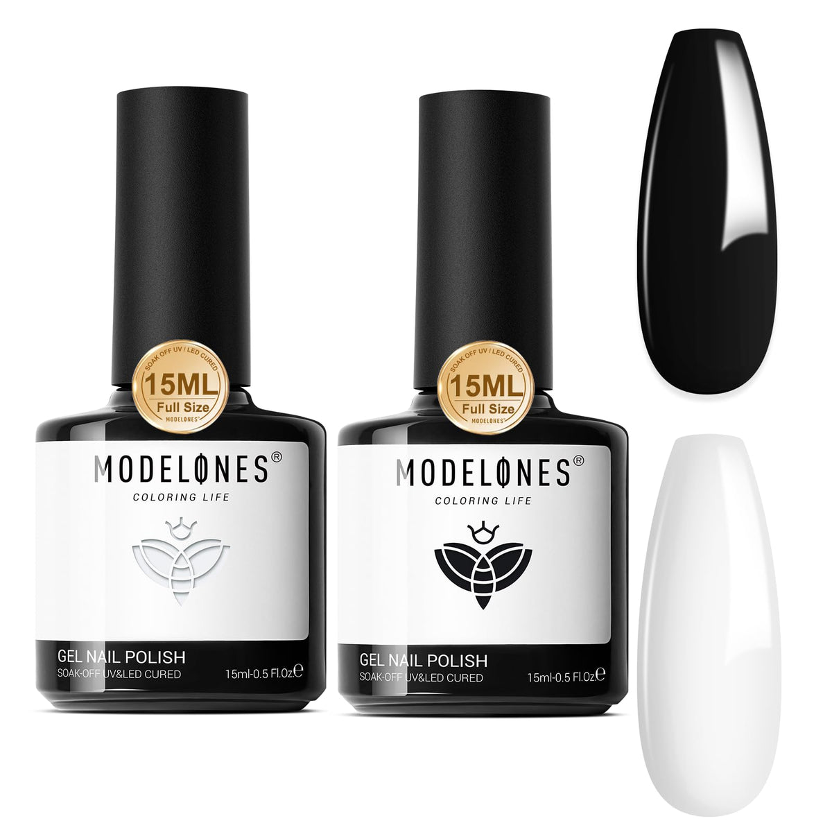 modelones front view of black and white gel bottles showing brand clarity and essential duo