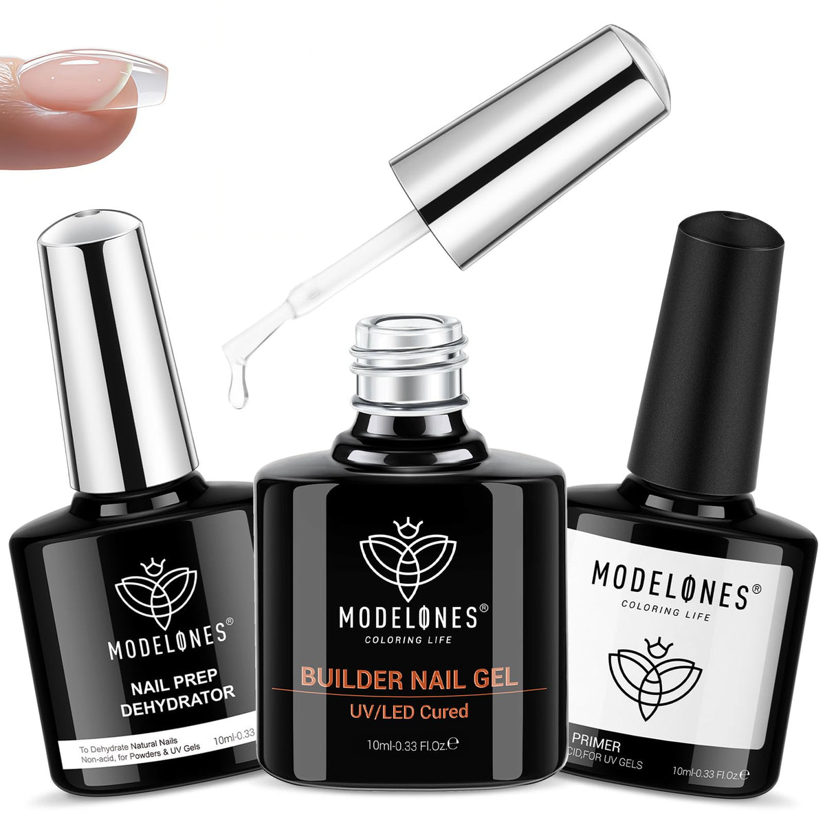 modelones front packaging of 3-piece nail prep and builder set showing all bottles and benefits