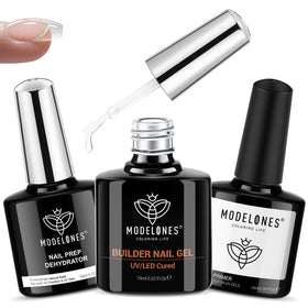 modelones front packaging of 3-piece nail prep and builder set showing all bottles and benefits