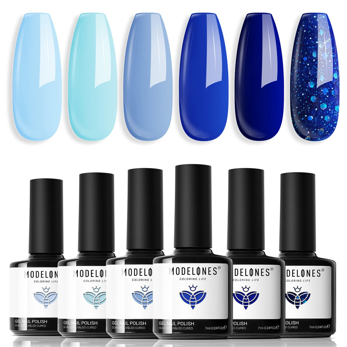 modelones front packaging showing six blue gel bottles and clear color window for quick selection