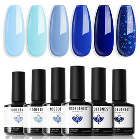modelones front packaging showing six blue gel bottles and clear color window for quick selection