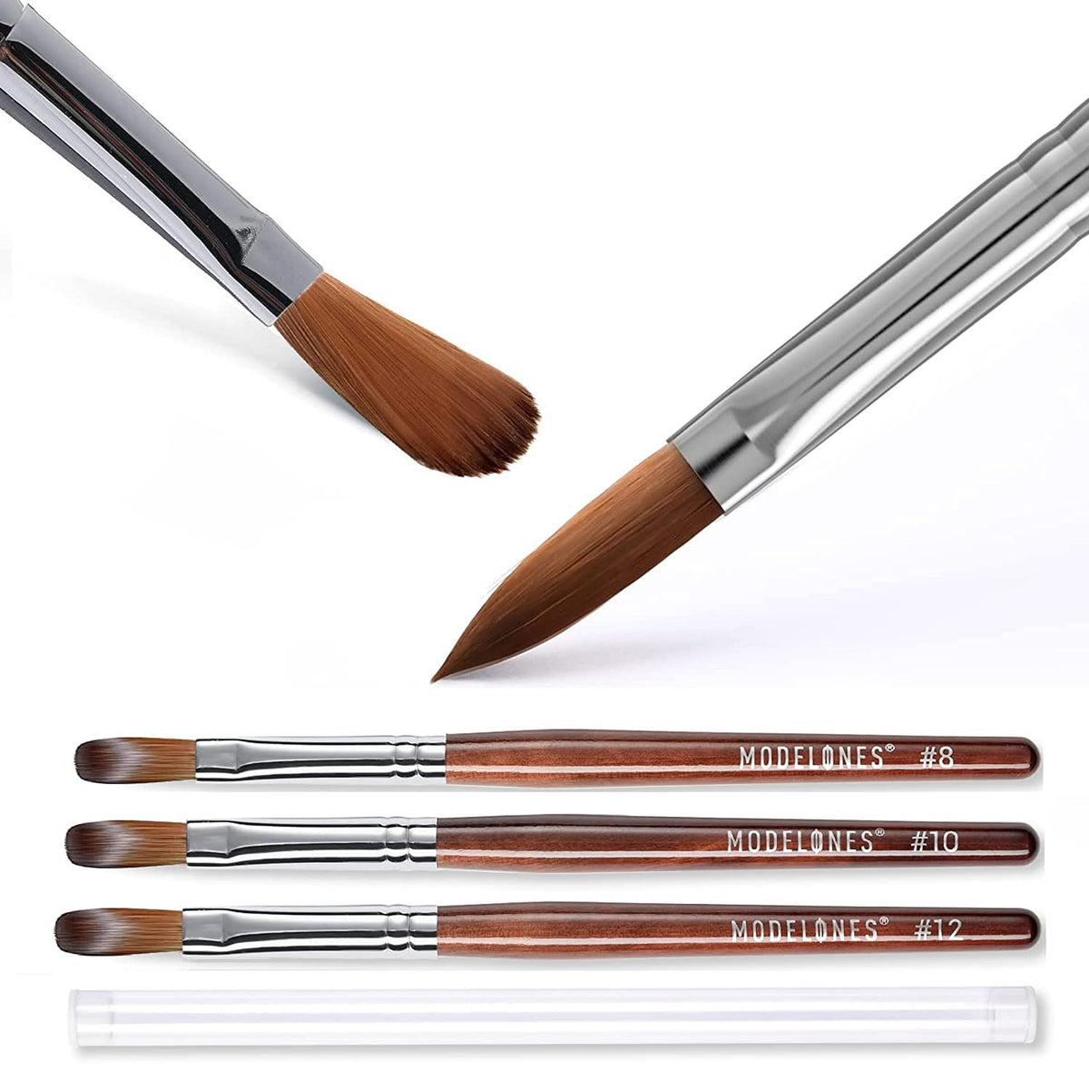 modelones front view of three brushes showing sizes and wooden handles for professional results