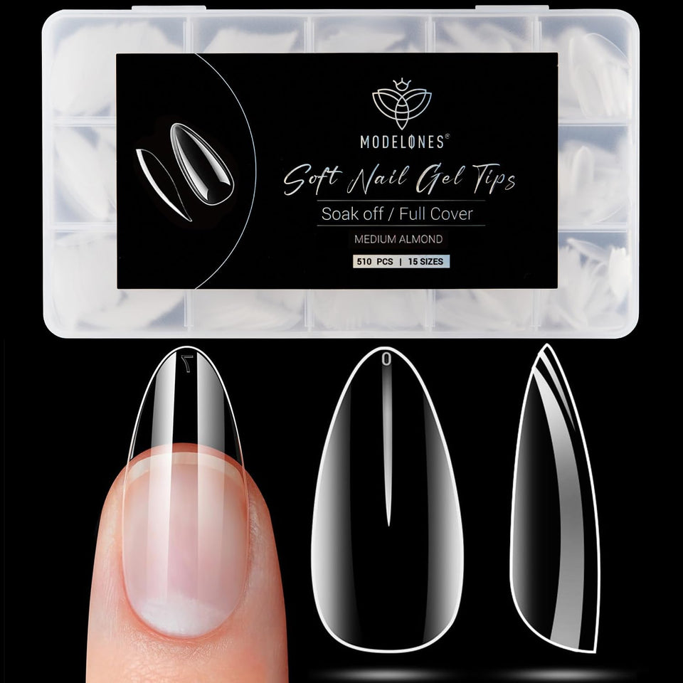 modelones front packaging showing 510 clear almond nail tips and set benefit