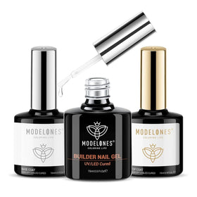 modelones front packaging showing full clear builder gel kit and contents for at-home use