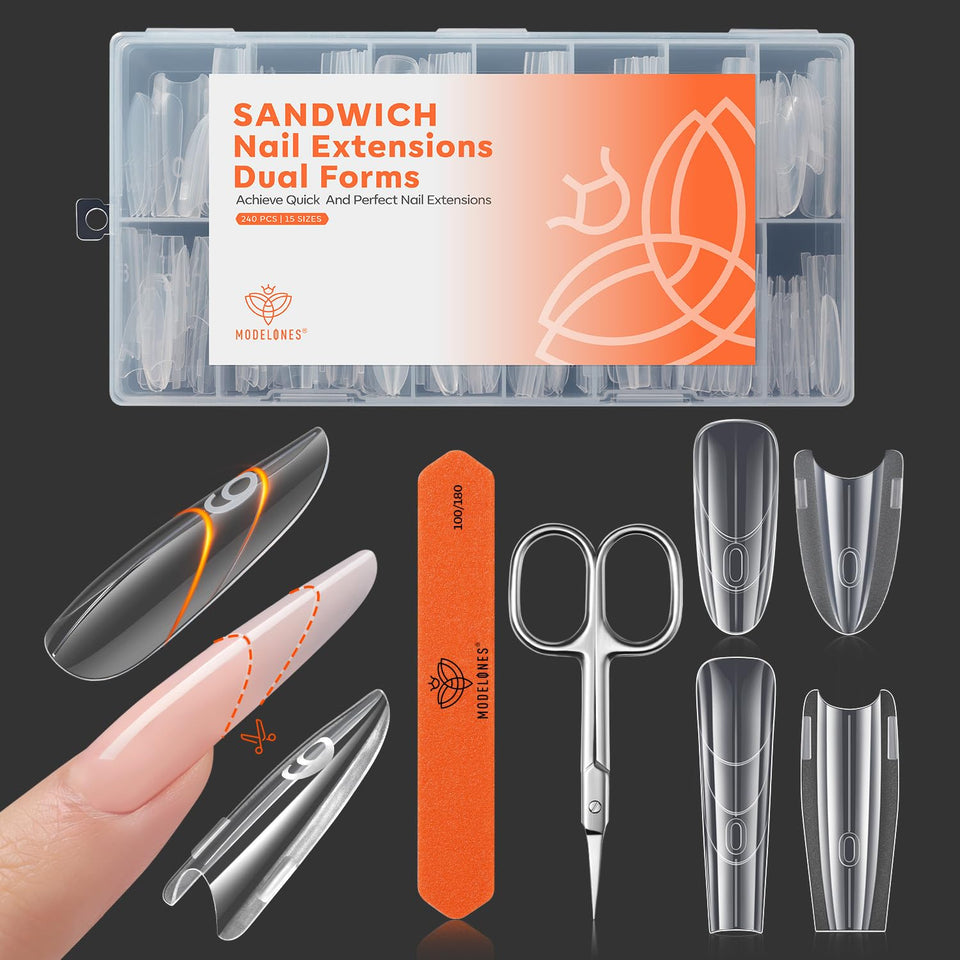 modelones front packaging showing 240 dual nail forms and contents for easy kit identification