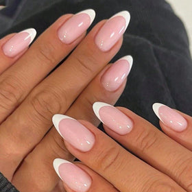 Modelones front packaging showing 32-piece French tip almond kit benefit fast setup