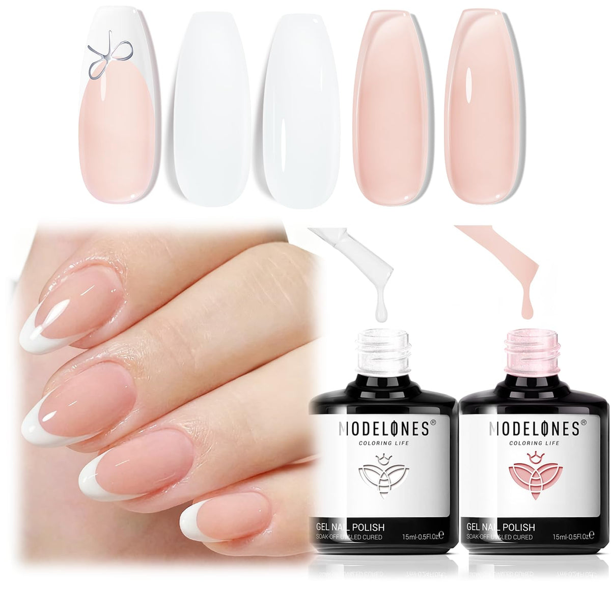 modelones front packaging showing both milk white and nude pink for easy French manicures