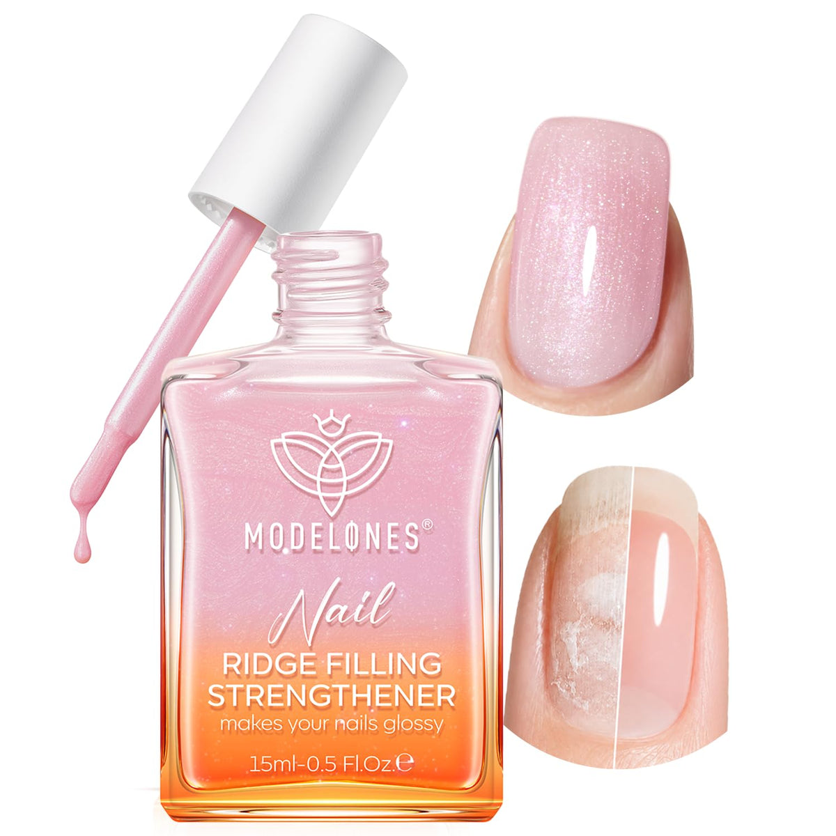 modelones front packaging showing glitter pink polish and compact 15ml size benefit