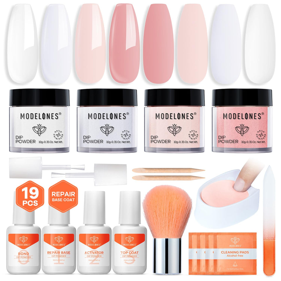 Modelones front packaging showing full dip powder kit and accessories for convenience