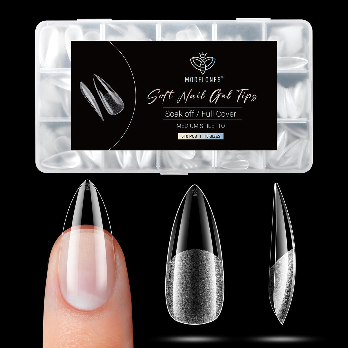 modelones front packaging showing 510-piece stiletto kit and quick selection benefit