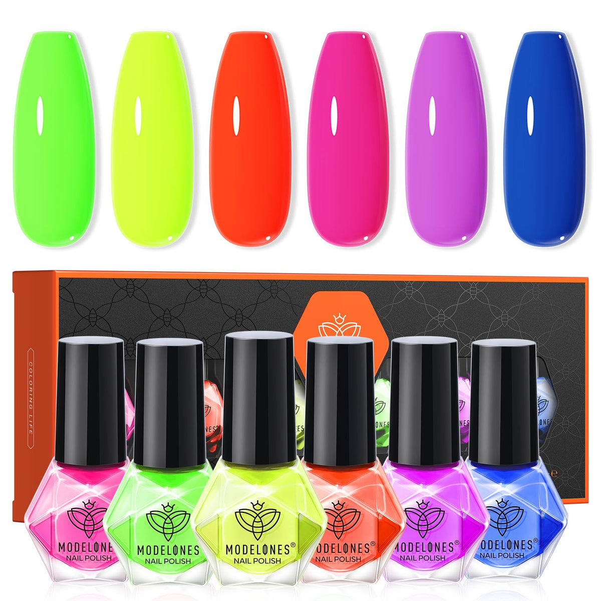 modelones front packaging neon kit showing six mini bottles and compact box, ideal travel set