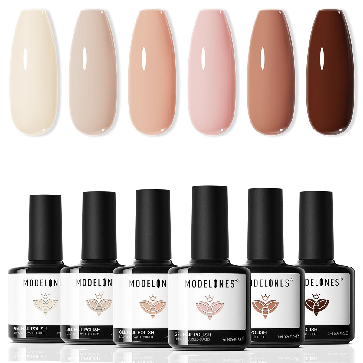 modelones front packaging showing six nude gel bottles, clear shade view and branding for easy selection