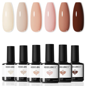 modelones front packaging showing six nude gel bottles, clear shade view and branding for easy selection