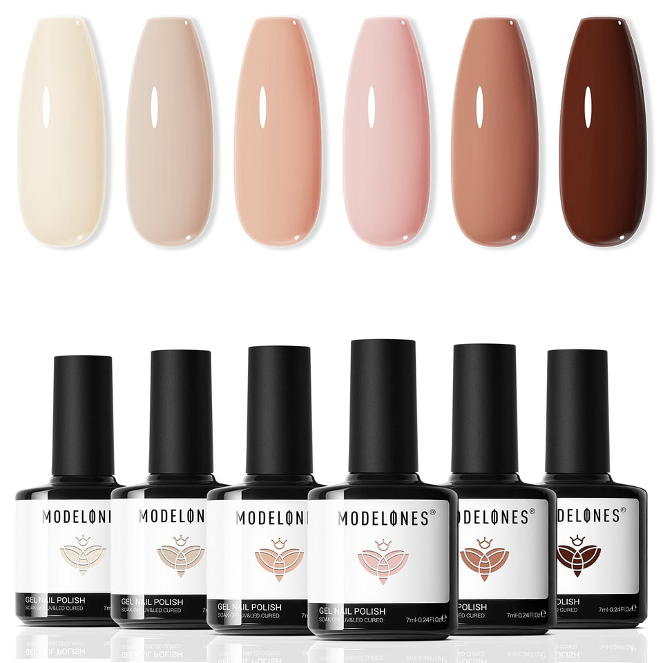 modelones front packaging showing six nude gel bottles, clear shade view and branding for easy selection
