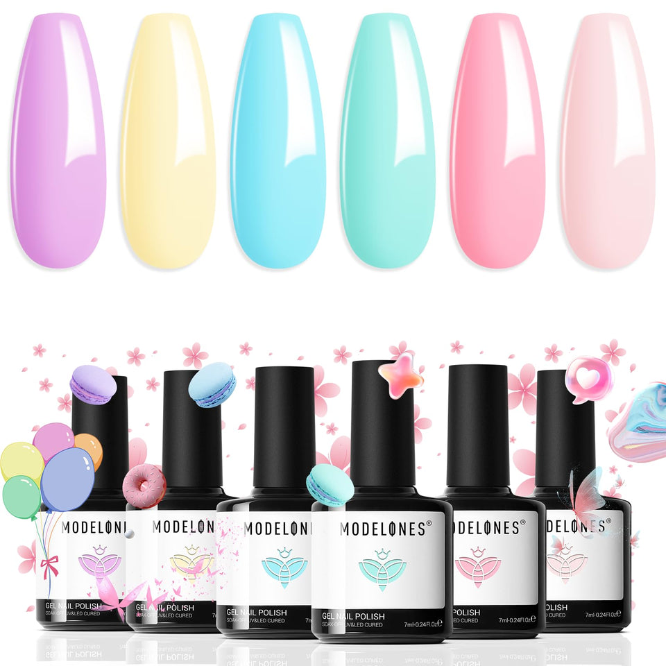 modelones front packaging showing six pastel gel bottles and neat box, clear presentation benefit