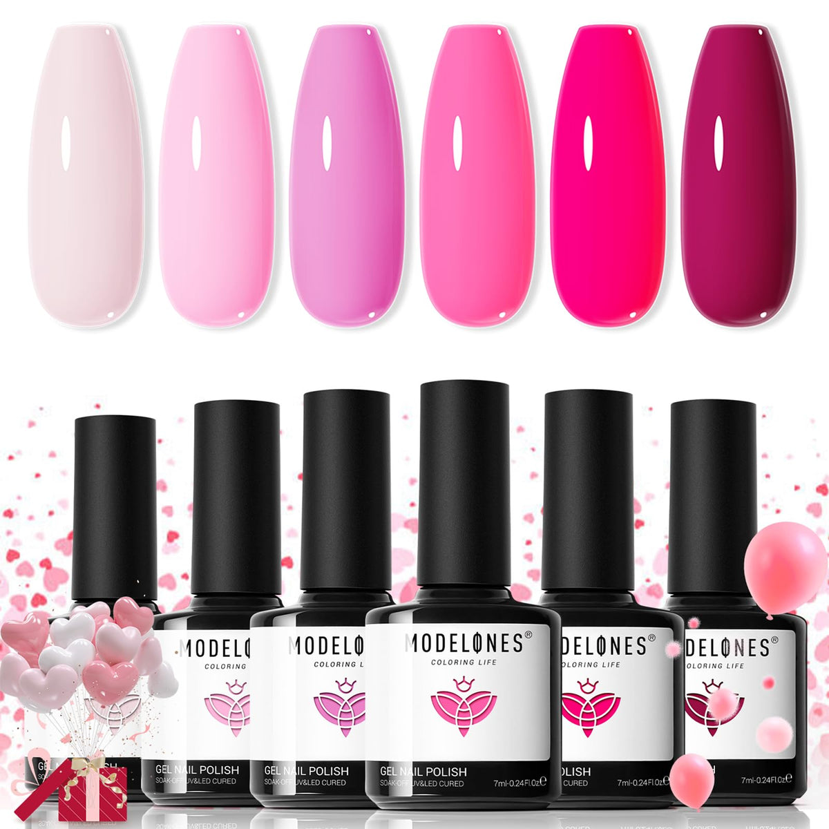 modelones front packaging showing six pink bottles and neat display benefit quick selection