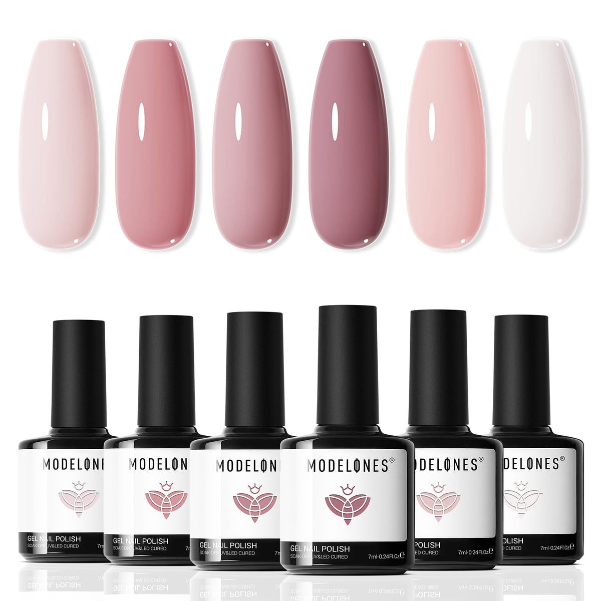 modelones front packaging showing six nude pink gel polishes, easy shade selection