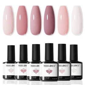 modelones front packaging showing six nude pink gel polishes, easy shade selection