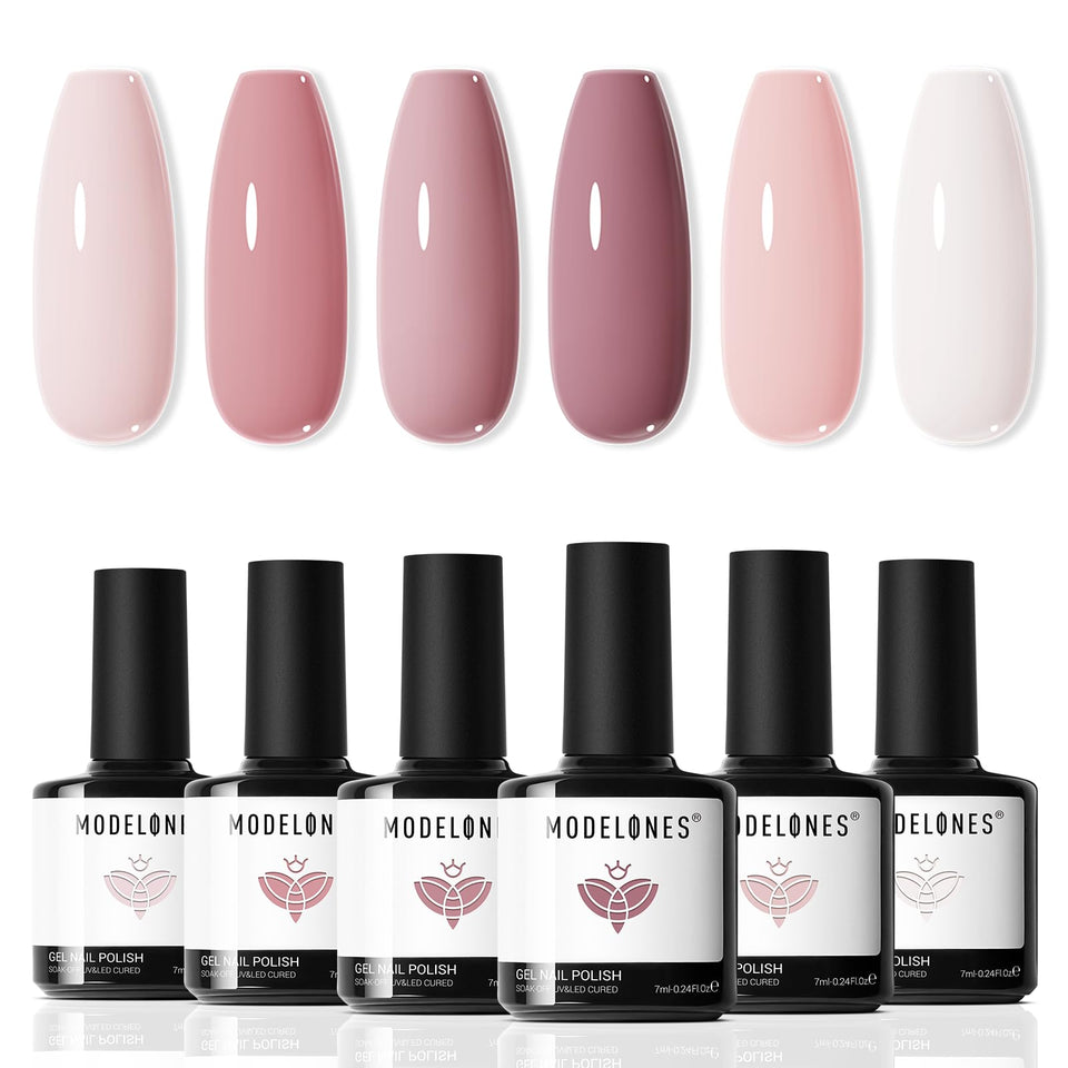 modelones front packaging showing six nude pink gel polishes, easy shade selection