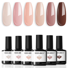 modelones front packaging showing six nude gel bottles and quick shade selection benefit