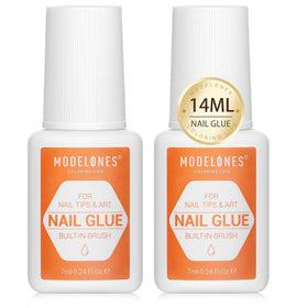 modelones front packaging two bottles showing convenient brush-on adhesive