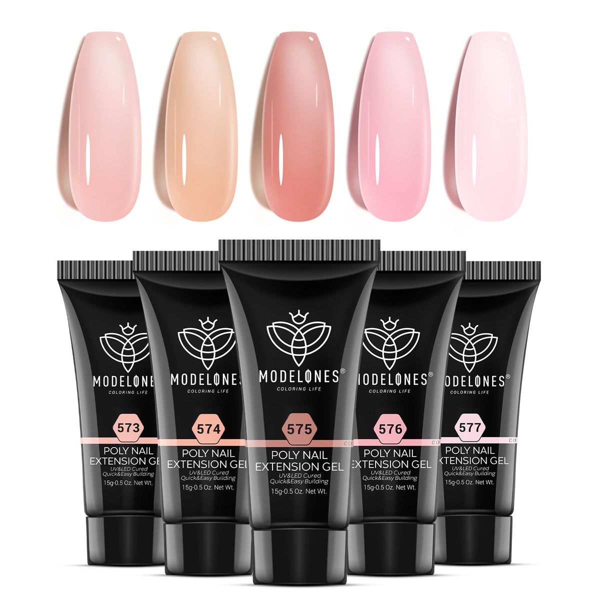 modelones front packaging showing five jelly poly gel tubes and kit contents for quick DIY