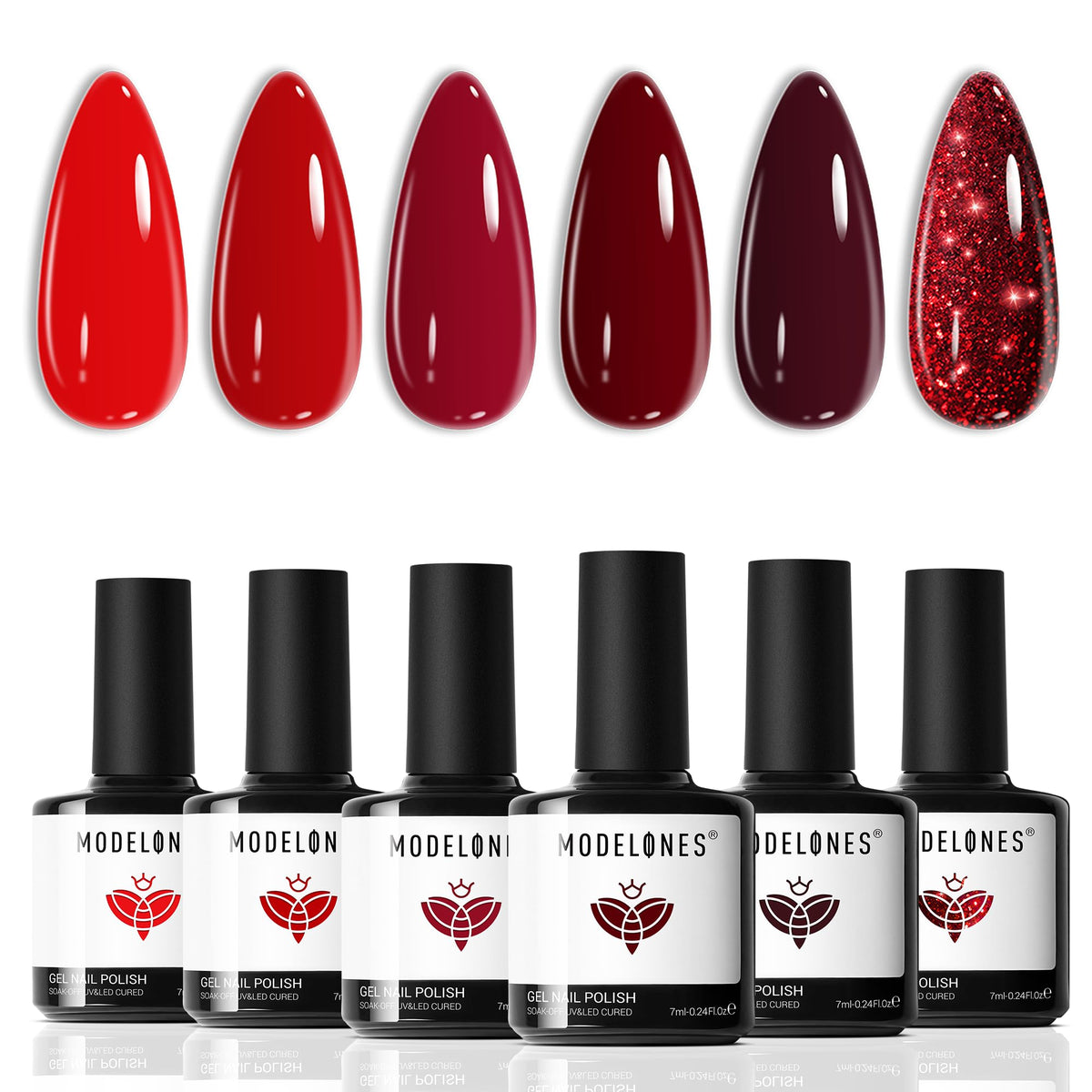 modelones front packaging showing six red gel bottles and glossy finish benefit