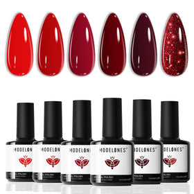 modelones front packaging showing six red gel bottles and glossy finish benefit