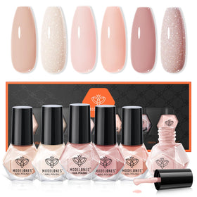 modelones front packaging showing six nude polishes and kit benefits