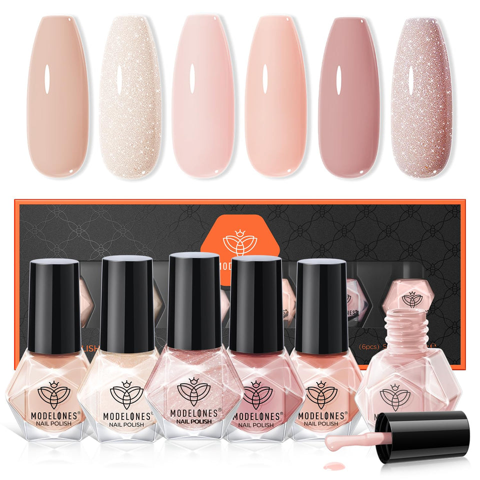 modelones front packaging showing six nude polishes and kit benefits