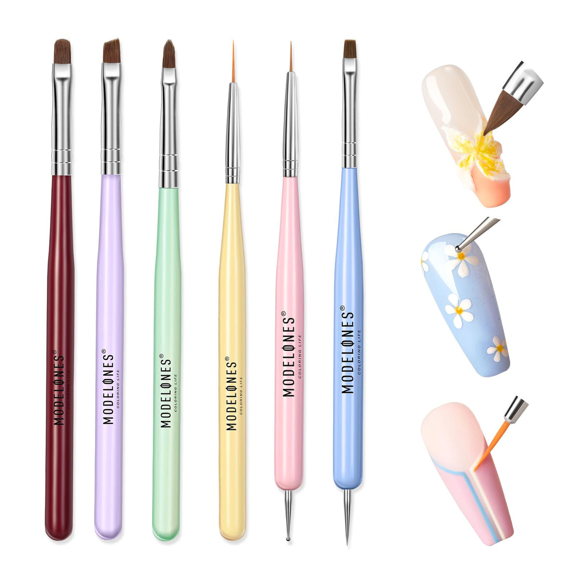 modelones front packaging of six-piece nail art brush set showing contents and branding benefit: easy identification
