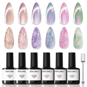 modelones front packaging showing six shimmer gel bottles and box, highlights variety
