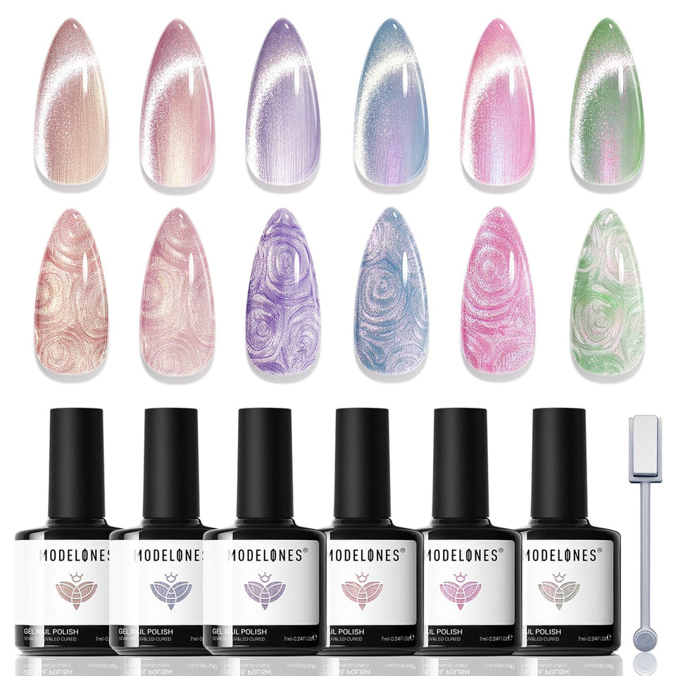 modelones front packaging showing six shimmer gel bottles and box, highlights variety