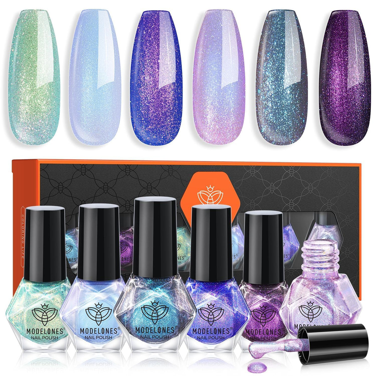modelones front packaging showing six holographic mini polishes and clear benefits