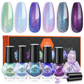 modelones front packaging showing six holographic mini polishes and clear benefits