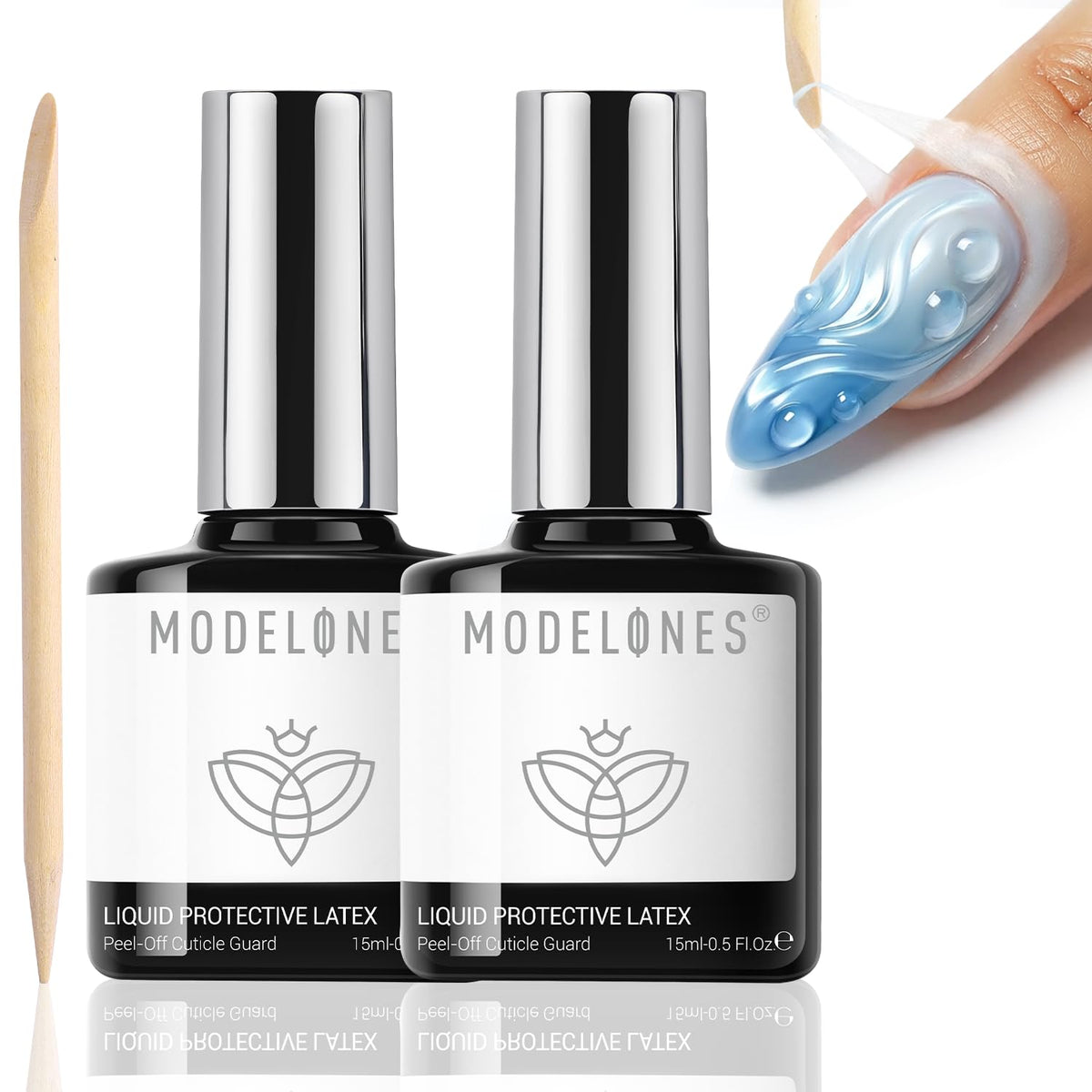 modelones front packaging showing two 15ml bottles and brand benefit of mess-free manicures